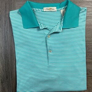 Peter Millar Polo Shirt Mens Medium Teal White Striped‎ Cotton Preppy Tennis